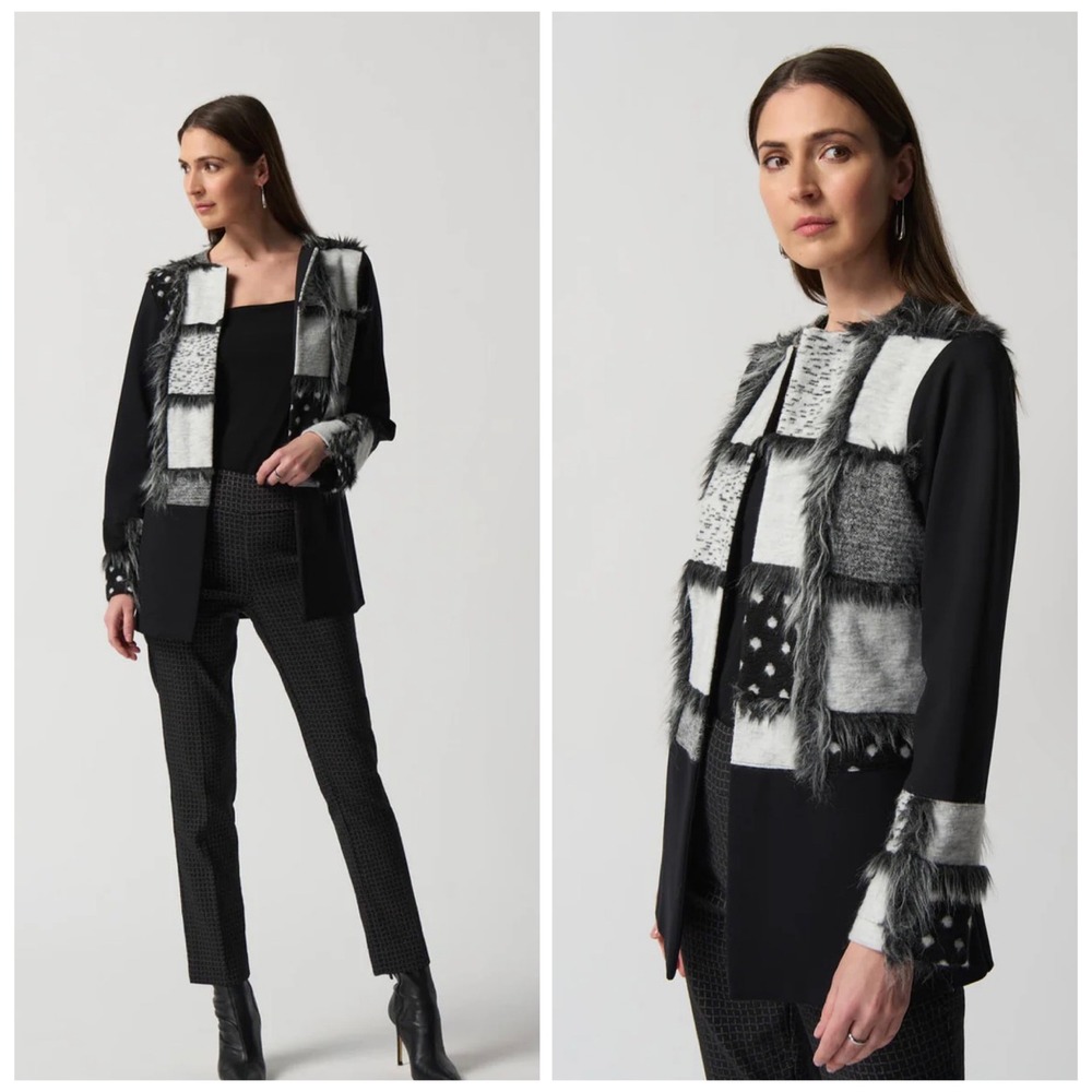 Joseph Ribkoff Patchwork Jacket Wmn‎ 4 Black Gray Fringe Avant-Garde Mixed Media